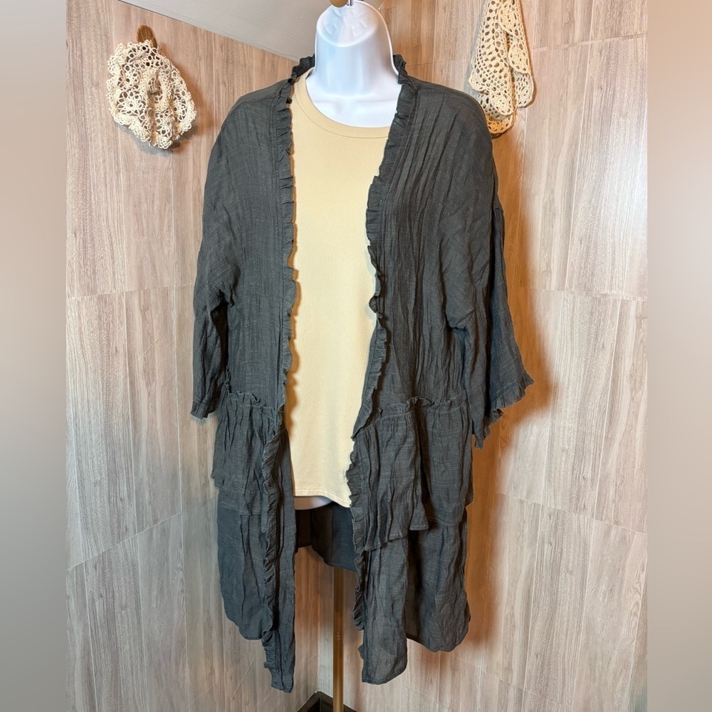 Easel Greenish Gray Ruffled Long Cardigan Lightweight